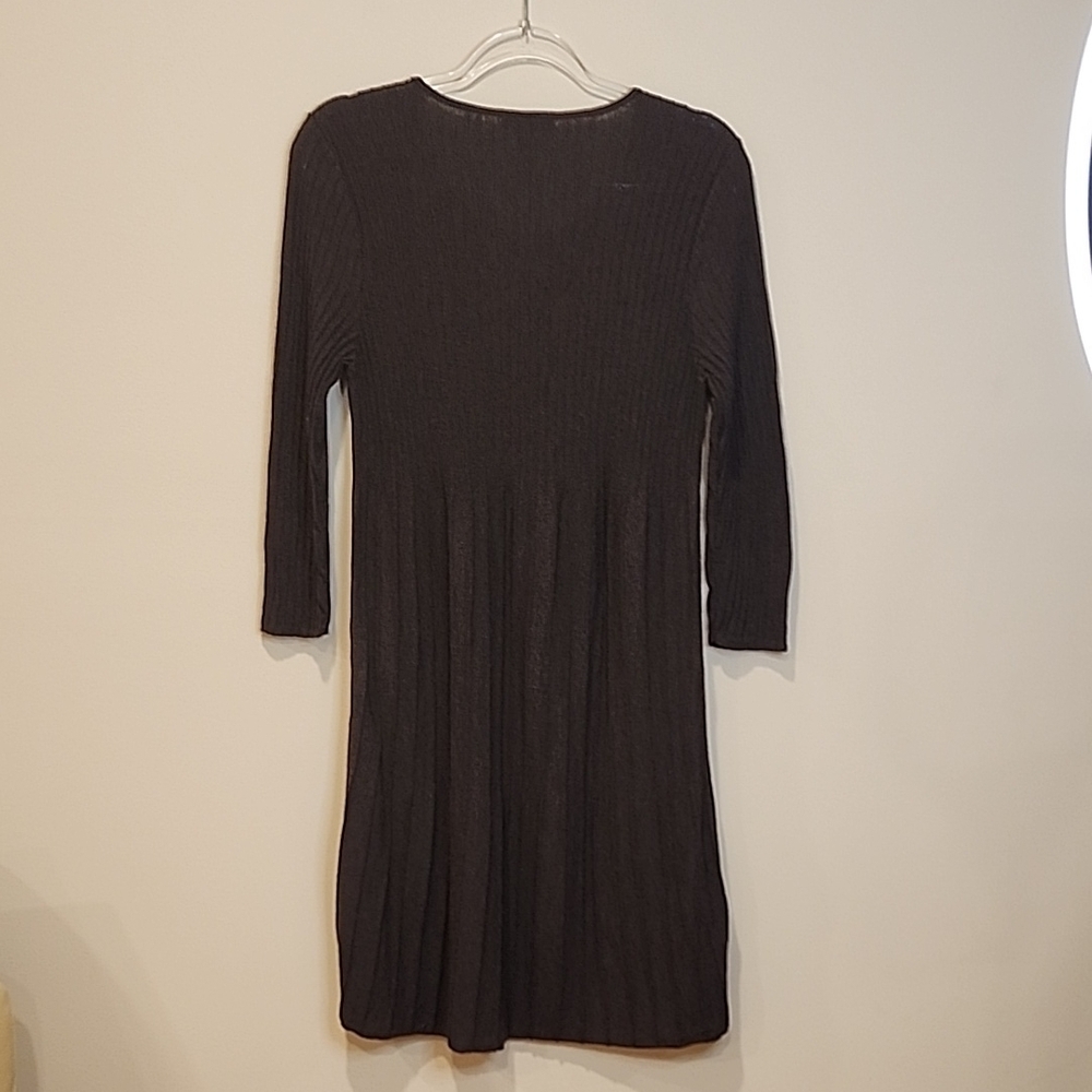 Eileen Fisher Dark Brown Wool Pleated  Scoop-Neck Long-Sleeve Dress - Picture 8 of 10
